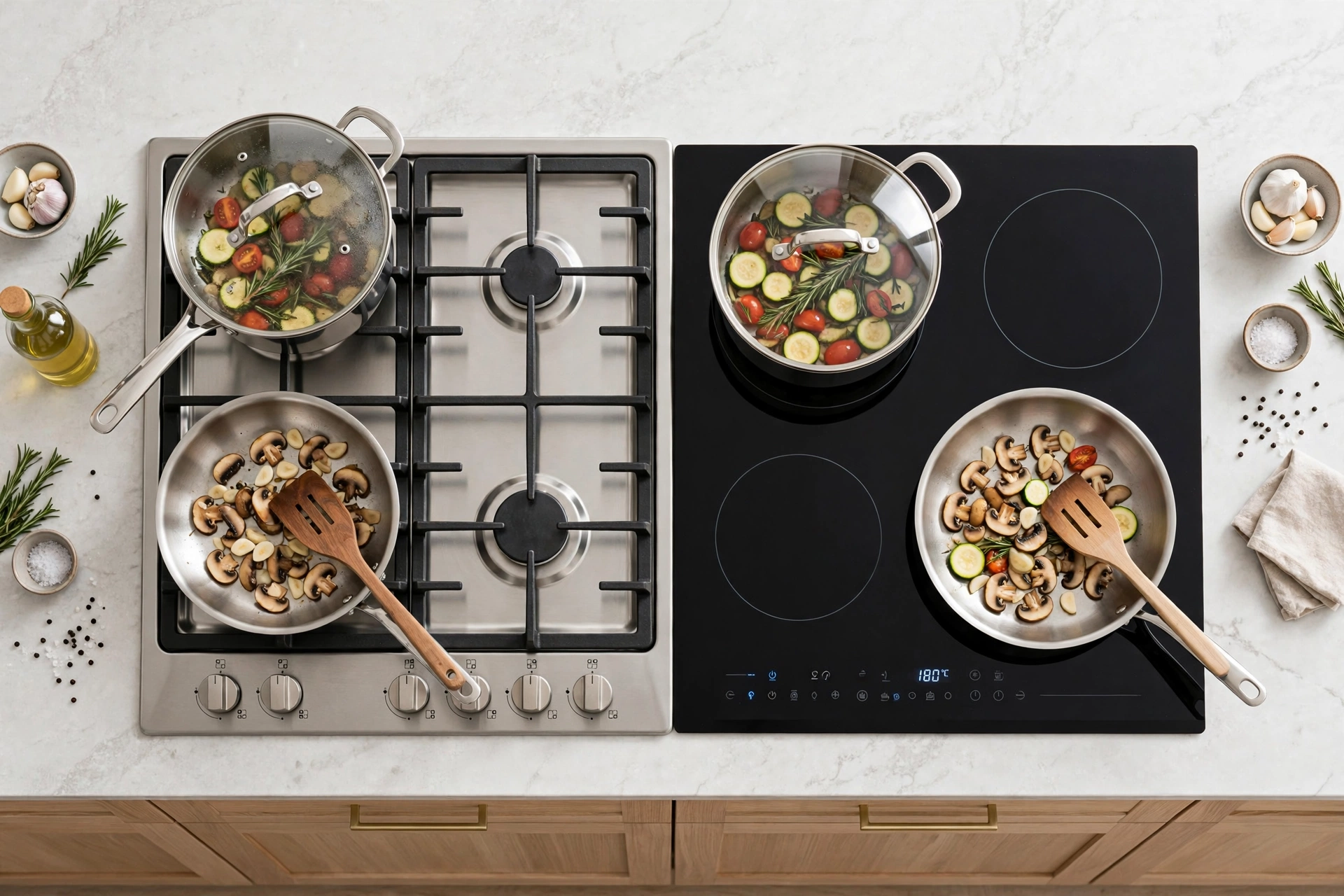 Top down comparison of gas and electric cooktops with cookware