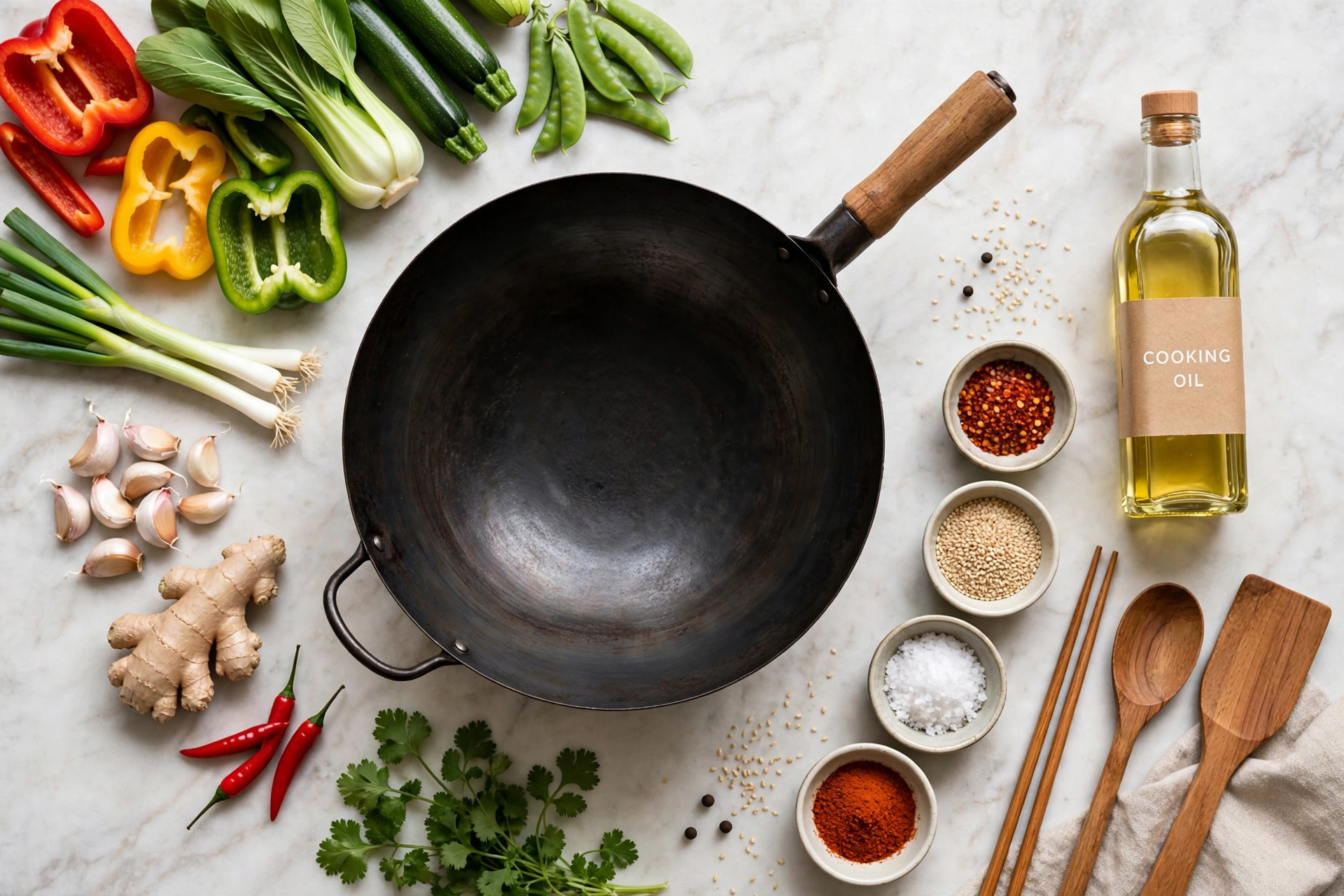 Top down view of fresh ingredients and cookware arranged for family cooking
