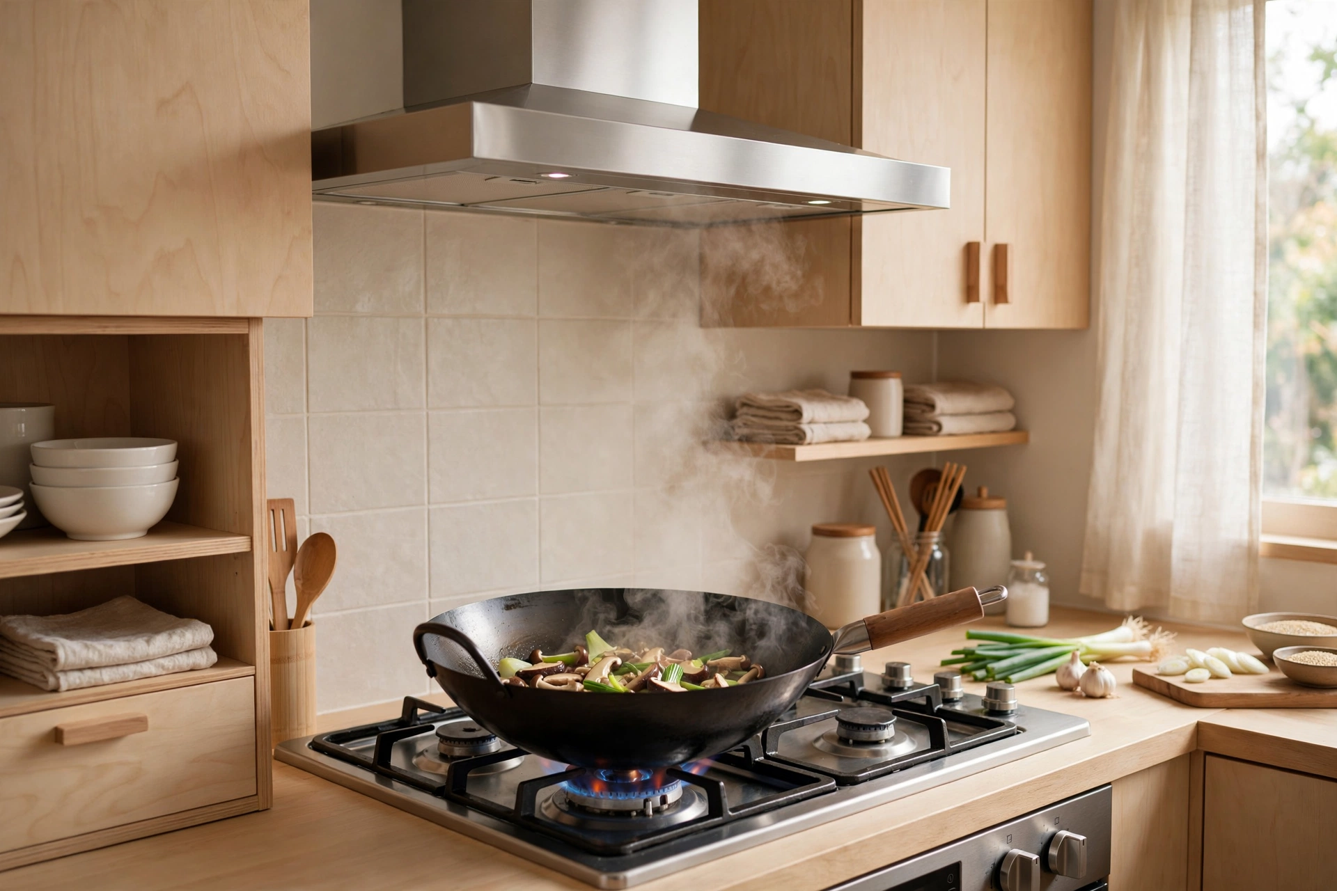 Wok cooking over high heat beneath a stainless steel range hood