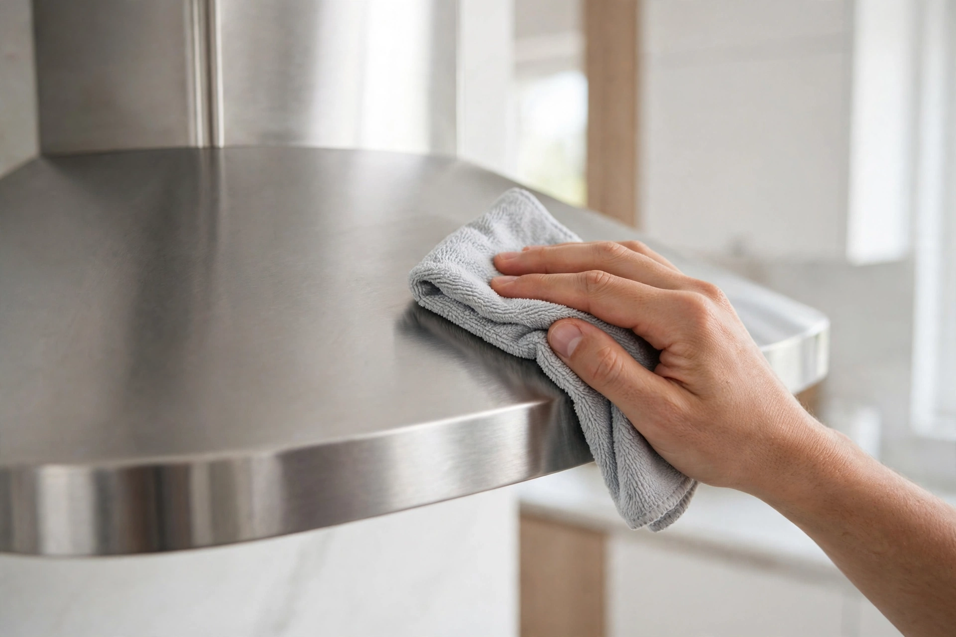 Hand wiping a seamless stainless steel range hood surface