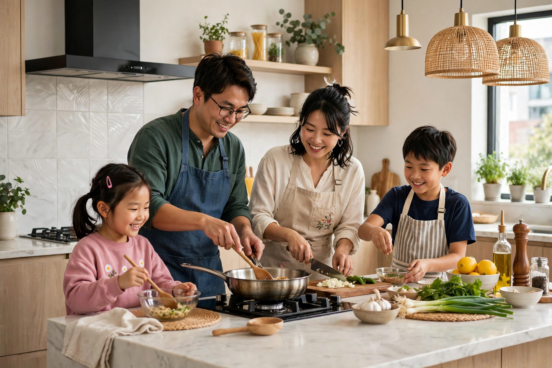 Asian family cooking together in a bright modern kitchen