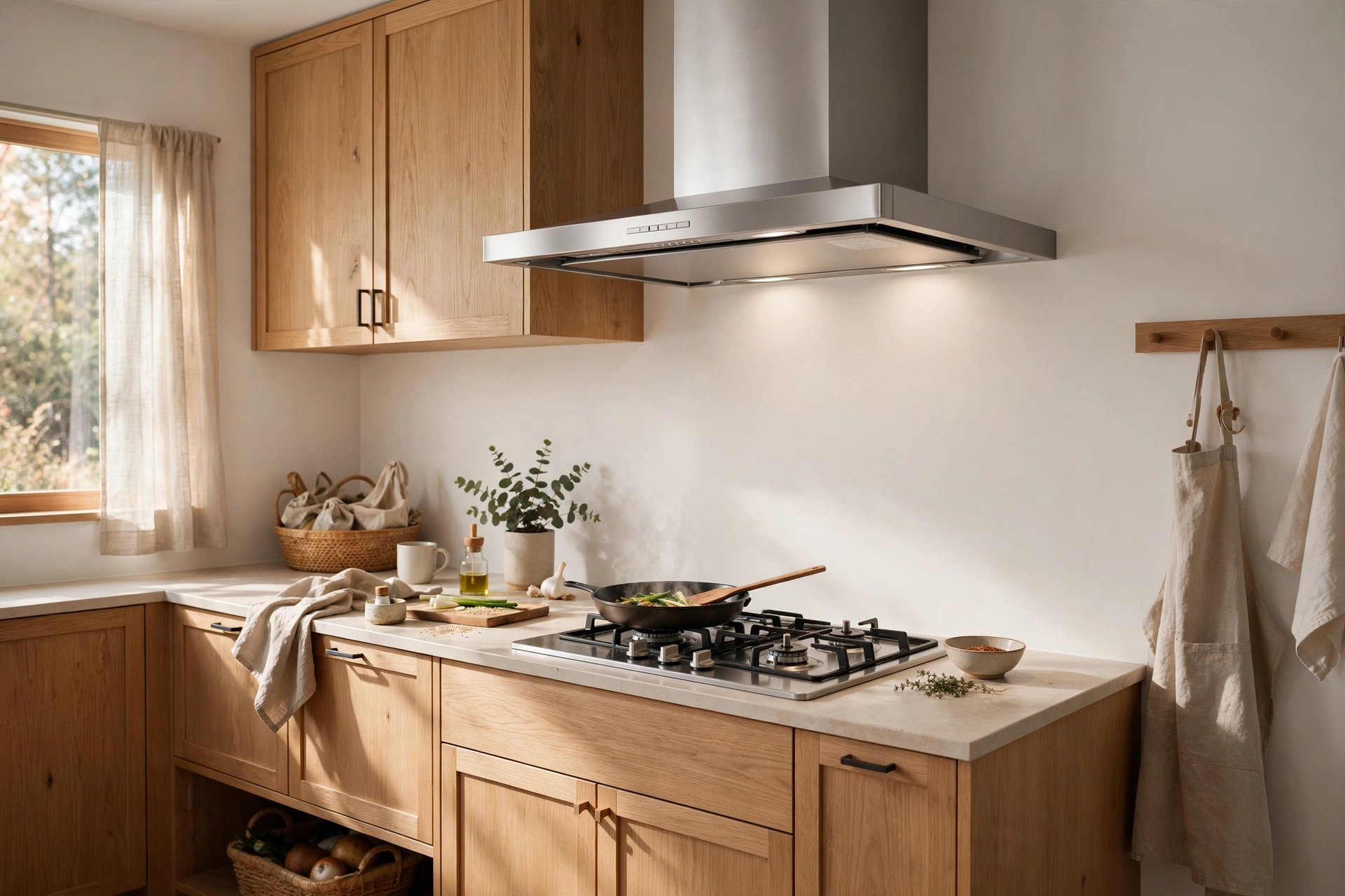 Modern New York kitchen with a Vesta range hood and city skyline