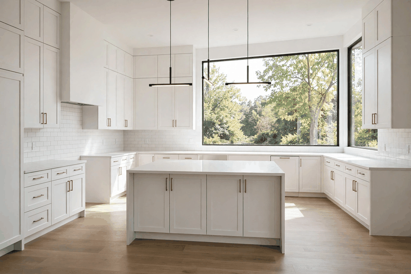 An empty kitchen gradually filling with appliances