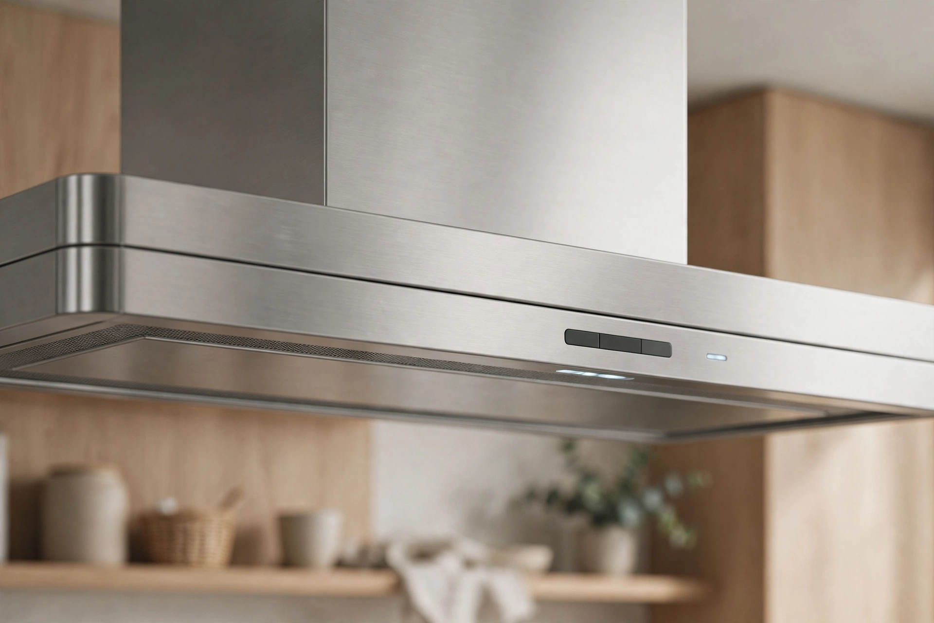 Close view of a stainless steel range hood in a warm wood kitchen