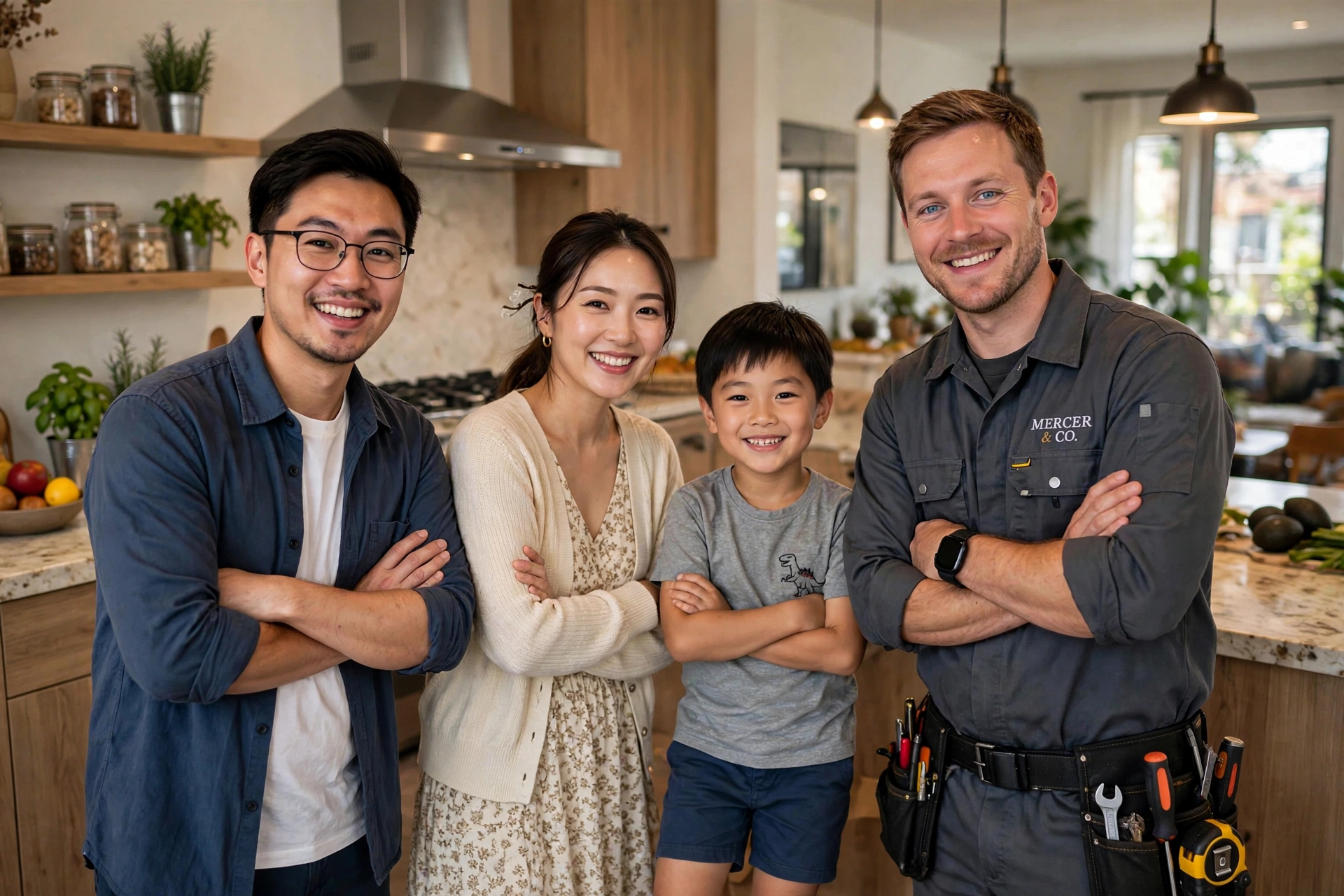 Mercer & Co. technician with a smiling family in an open kitchen