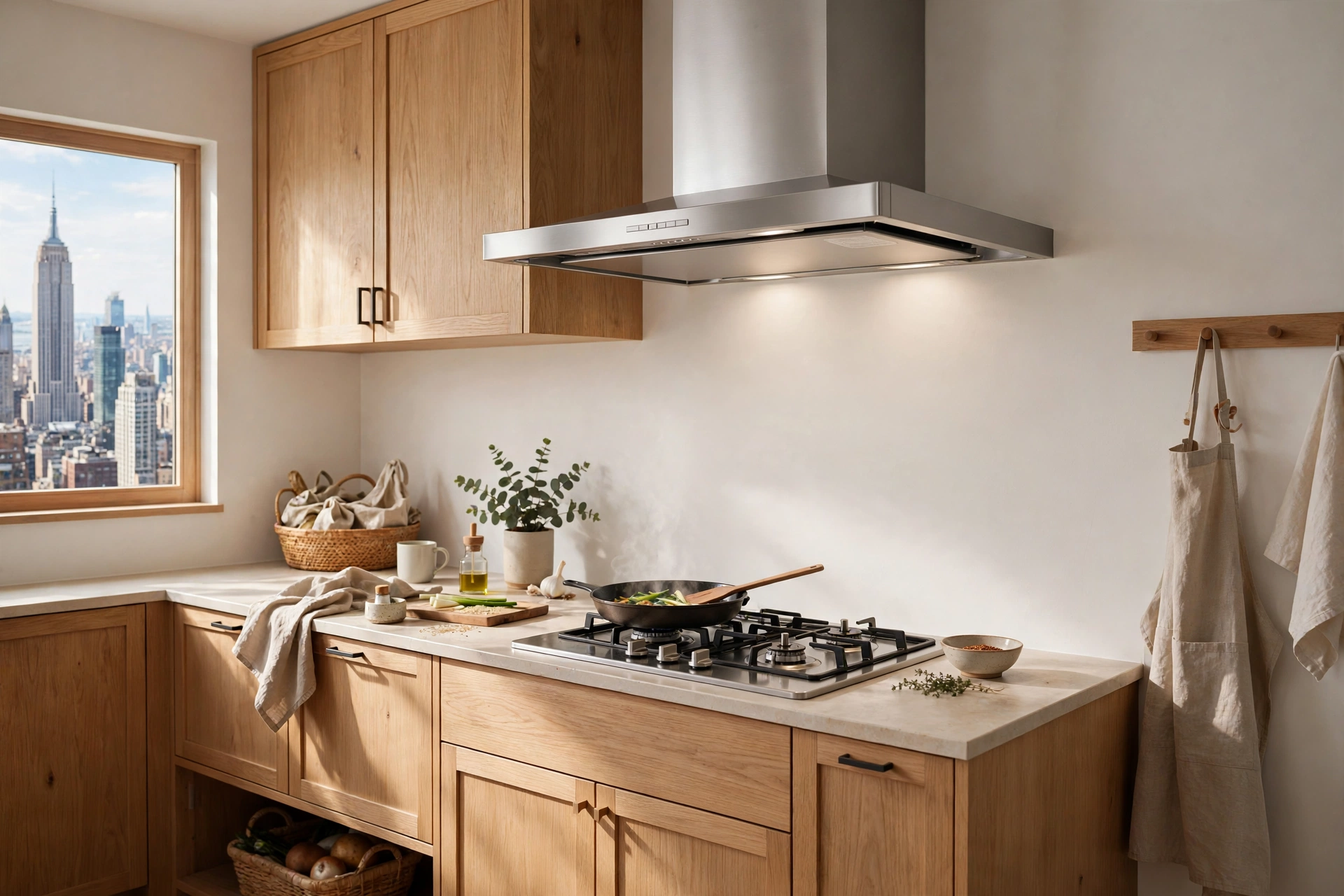 Range hood in a compact, warm New York kitchen