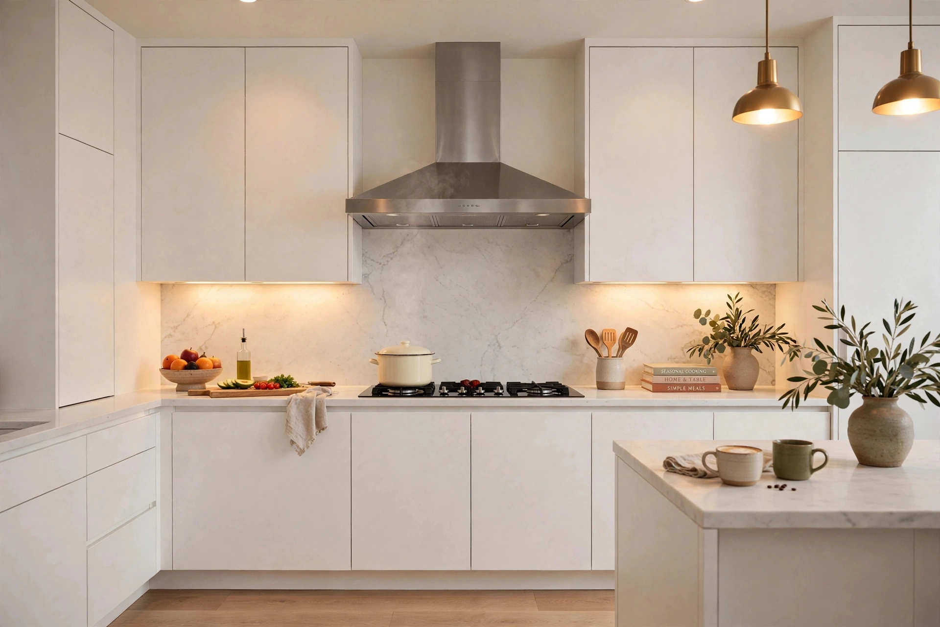 Bright kitchen with a cream white enamel pot with its lid on, sitting on the cooktop under the range hood