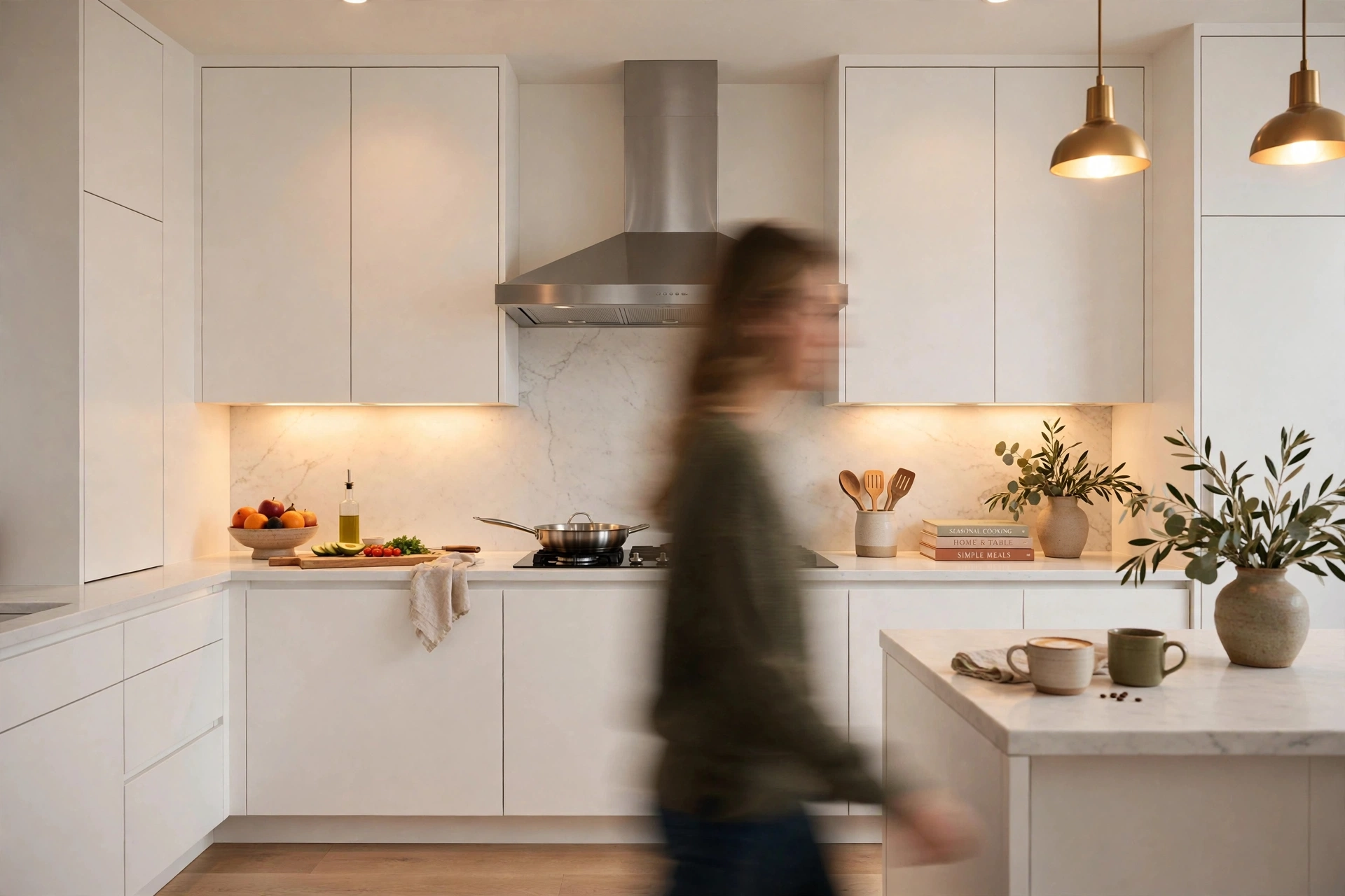 Motion blurred person moving through a bright, staged kitchen