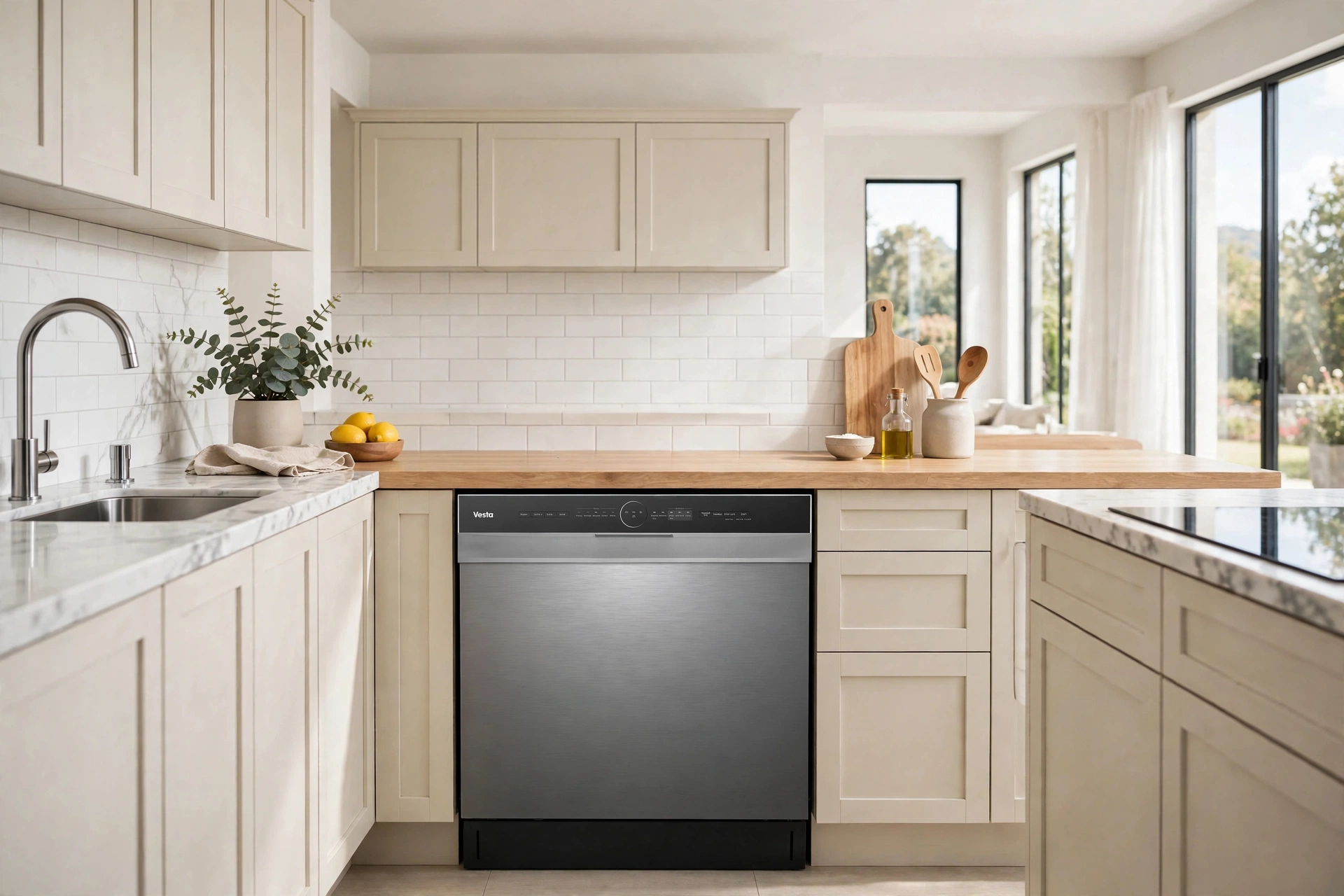 Vesta dishwasher in a spacious kitchen with light color cabinets